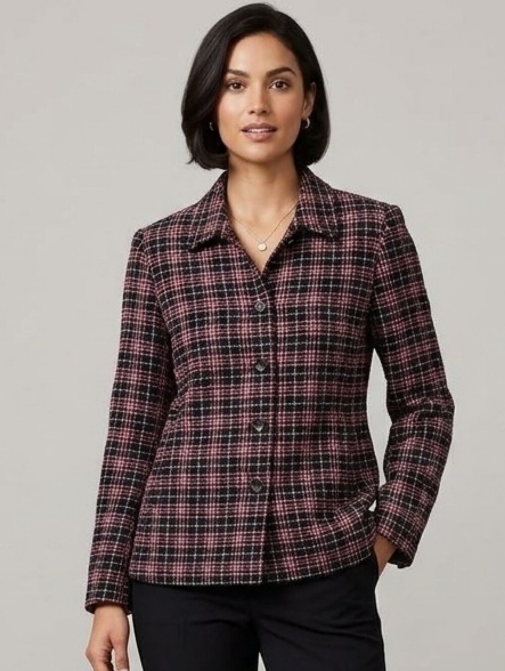 Villager Liz Claiborne Blazer 14 Plaid Weave Jacket Pockets Shacket